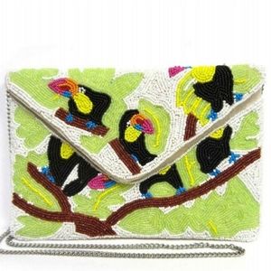 Vintage bird clutch, beaded crossbody , handbag